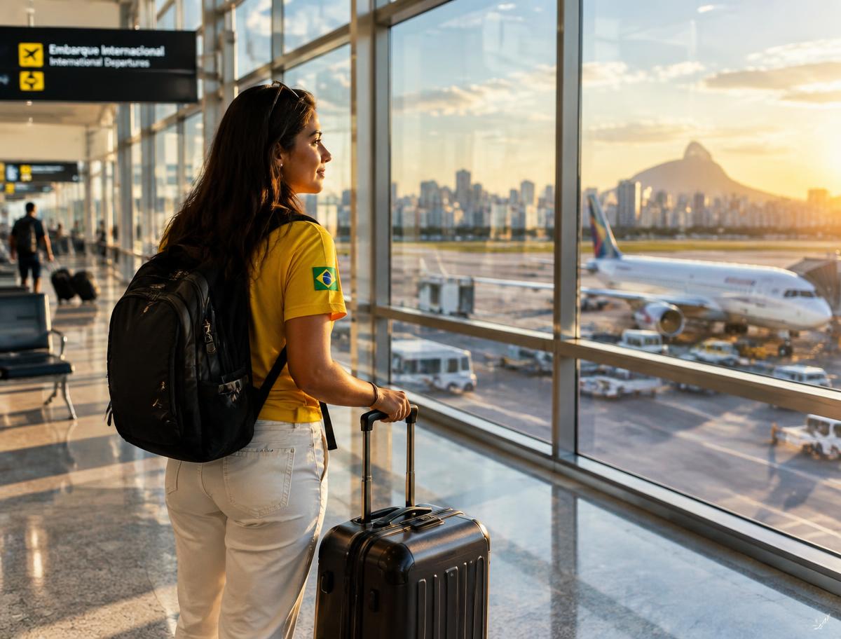 Viajante brasileira com mala no aeroporto, olhando para o avião e a cidade ao fundo